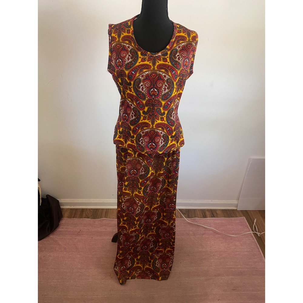 Vintage 70s Paisley Maxi‎ Skirt & Tunic Set Yellow Red Blue Size 14 Made in CA